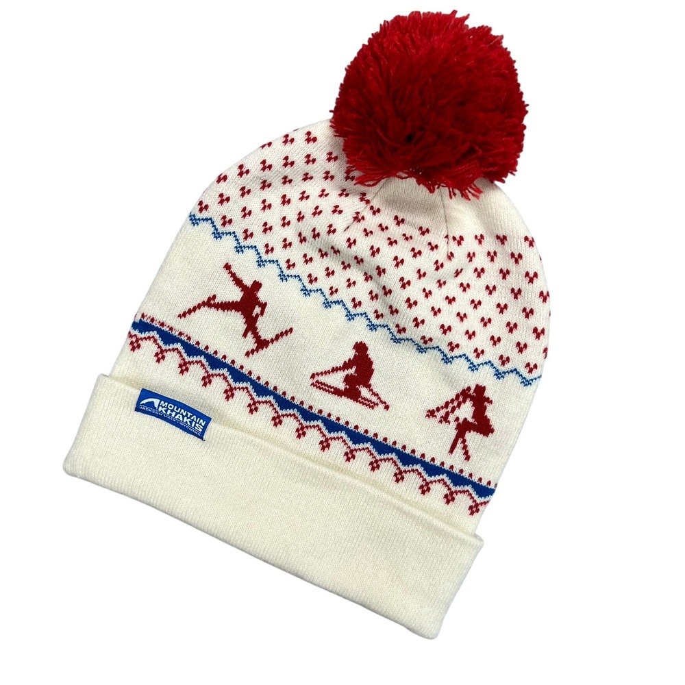Mountain Khakis Jackson Hole Wyoming Ski Beanie Pom Pom Hat Cream Red Blue